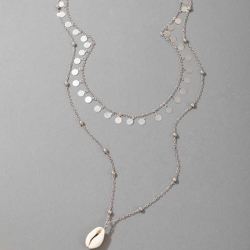 Retro Disc Tassel Silver Round Bead Shell Pendant Necklacepicture6