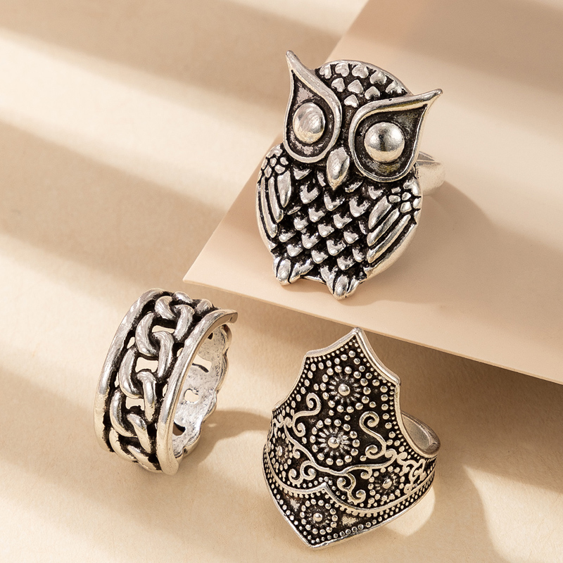 Retro Punk Carved Hollow Twist Owl Ring 3Piece Setpicture3