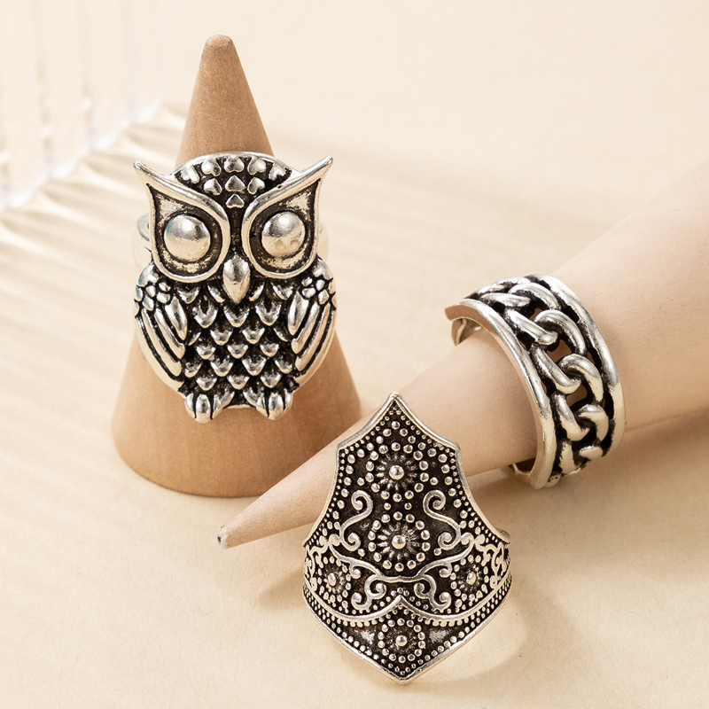 Retro Punk Carved Hollow Twist Owl Ring 3Piece Setpicture5