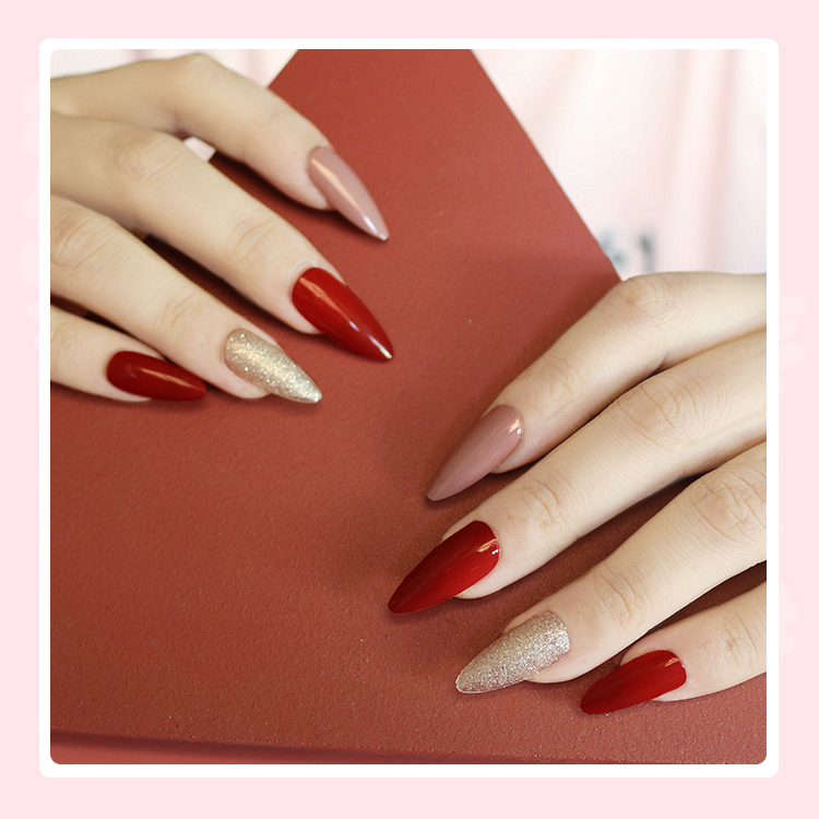 Fashion Bean Paste Color Pointed Long Nail Pieces Finishedpicture3