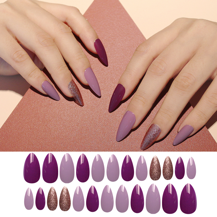 Fashion Onion Powder Purple Long Pointed Nail Pieces Finishedpicture1
