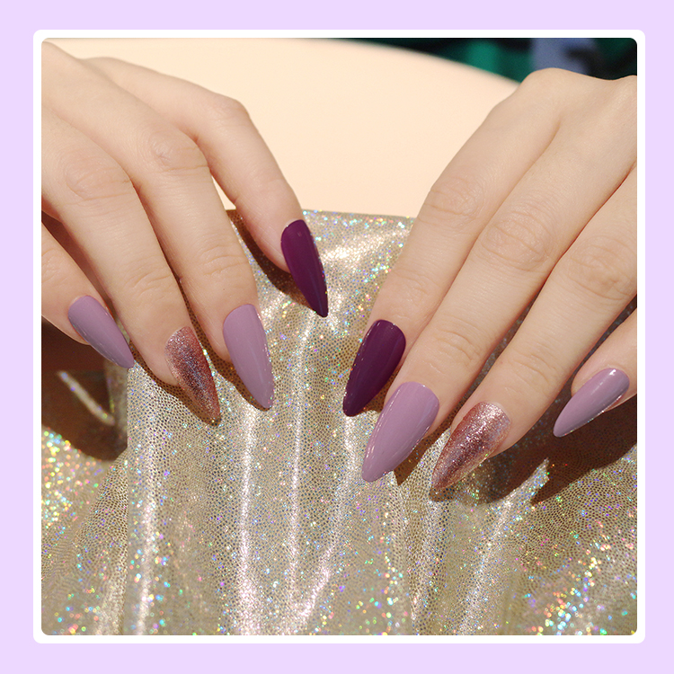Fashion Onion Powder Purple Long Pointed Nail Pieces Finishedpicture3