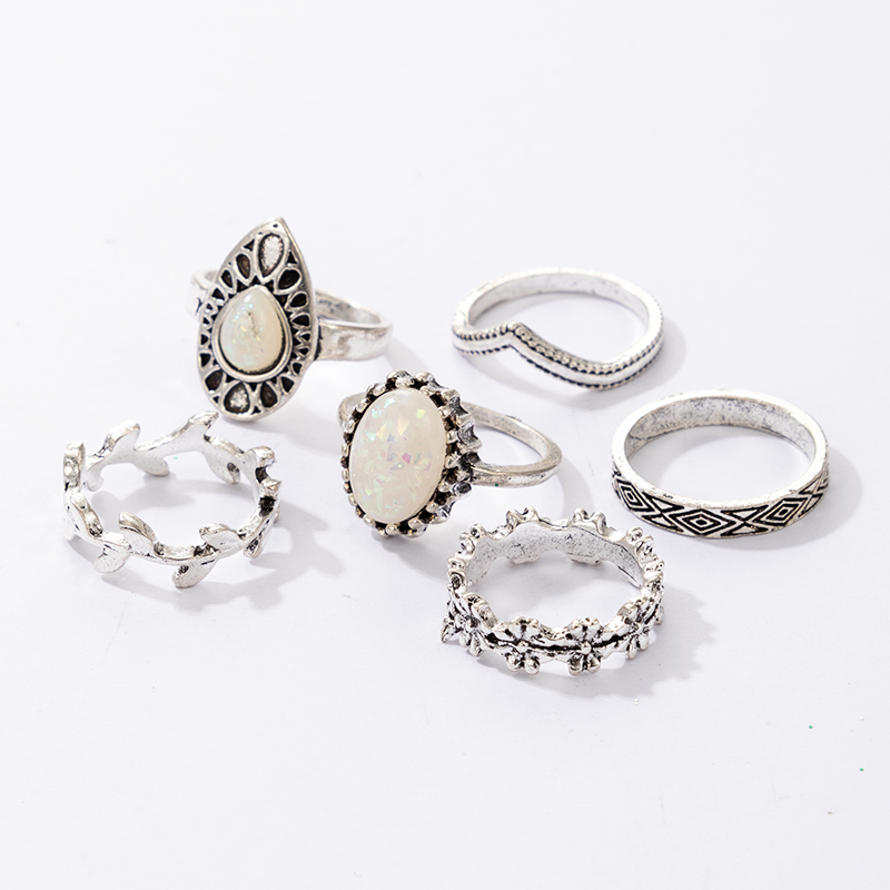 simple fashion leaf flower gemstone carved ring 6piece ringpicture1