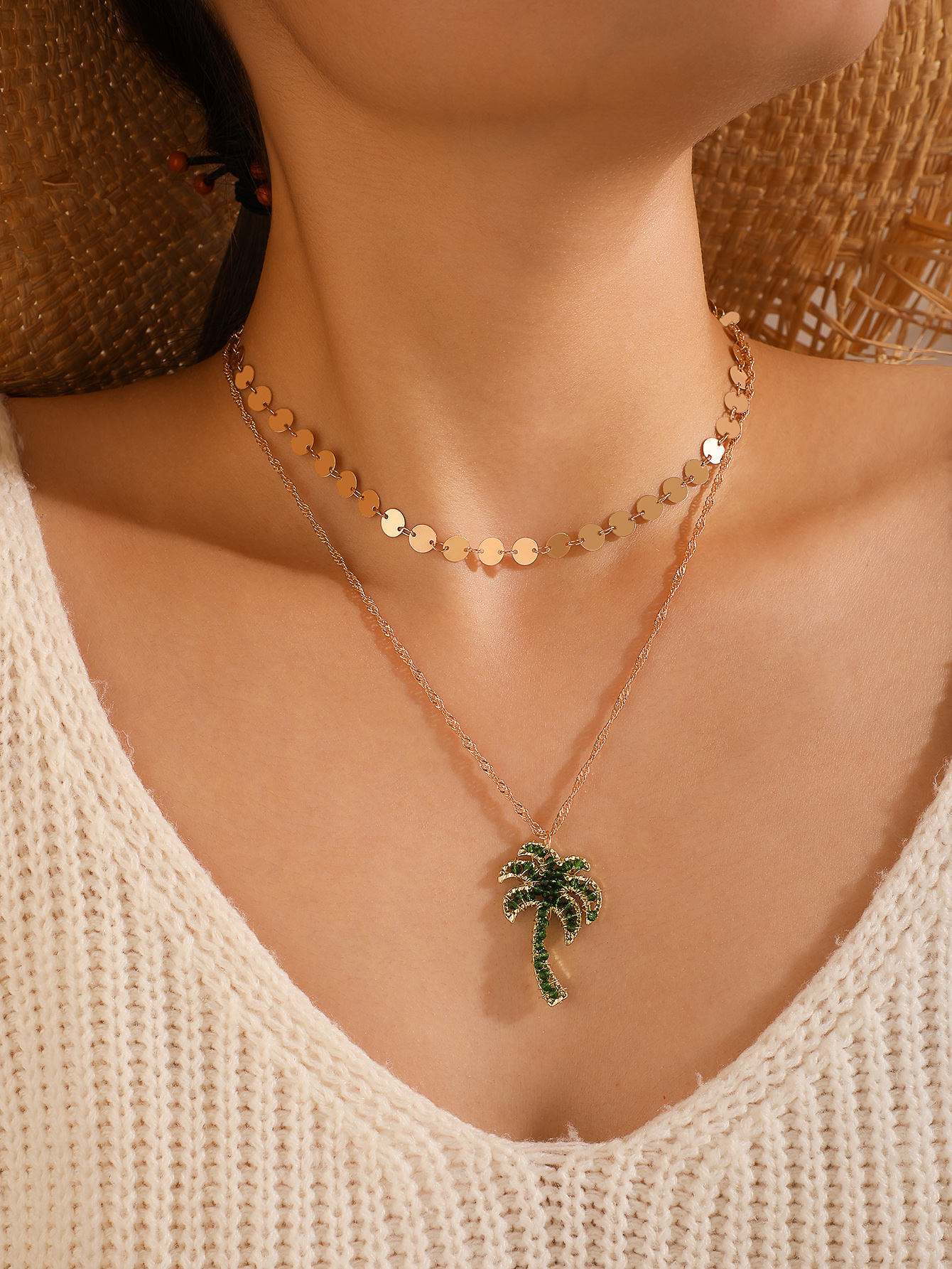 fashion disc tassel coconut tree pendant multilayer necklacepicture1