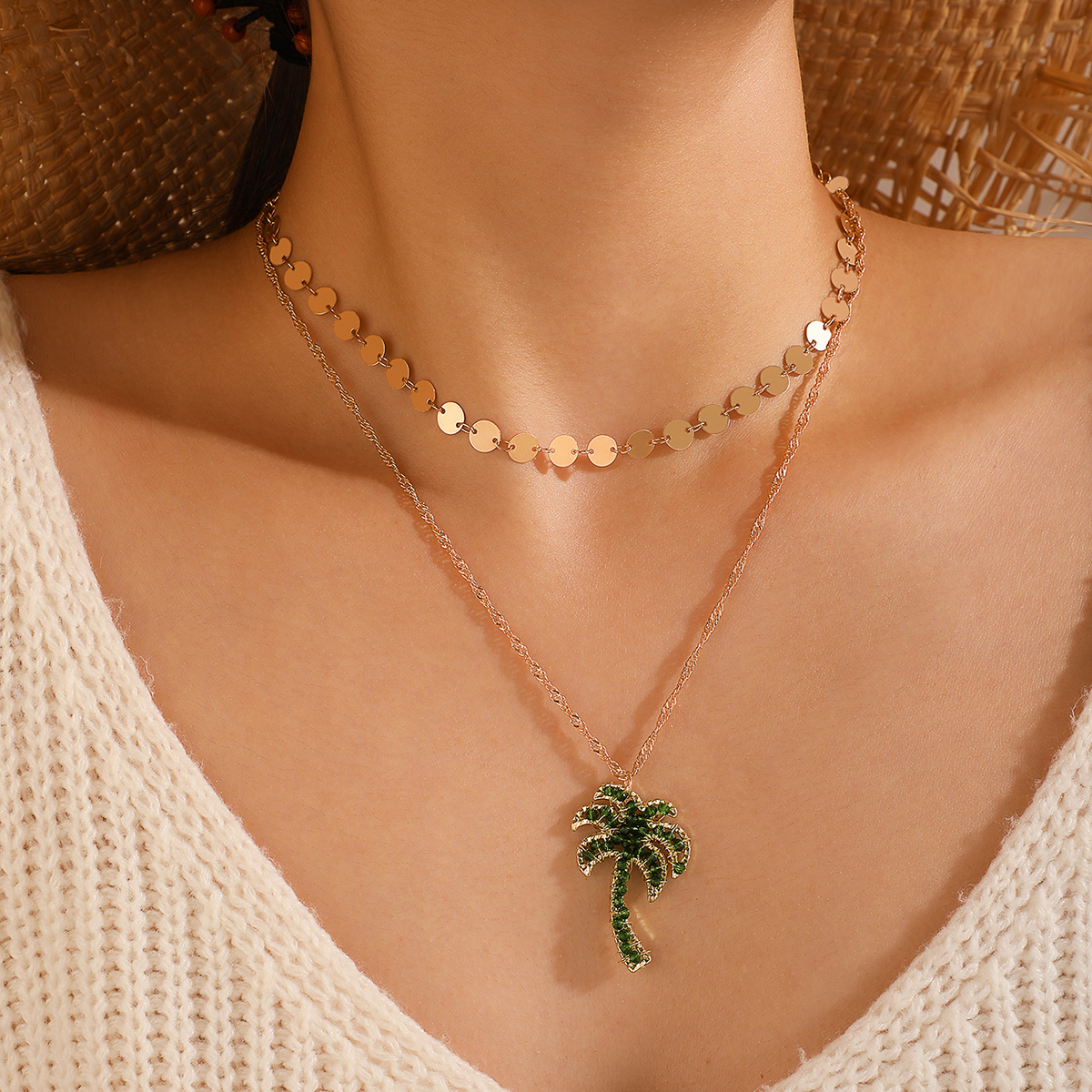 fashion disc tassel coconut tree pendant multilayer necklacepicture2