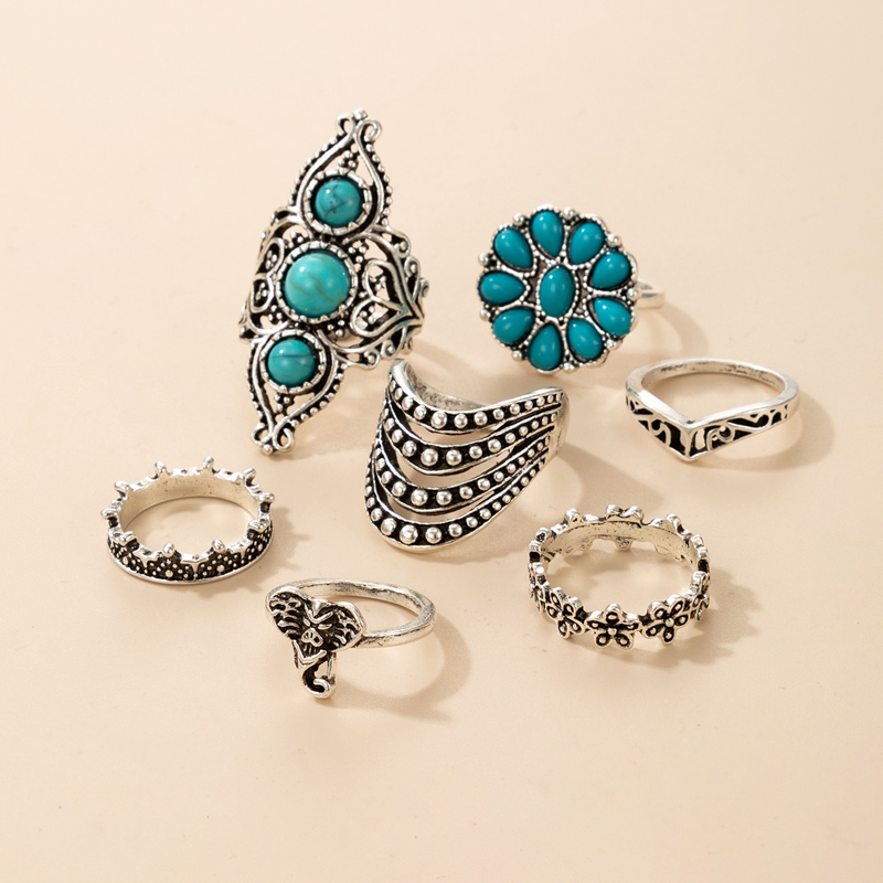 Nihaojewelry wholesale jewelry bohemian flower geometric alloy turquoise ring 7-piece set