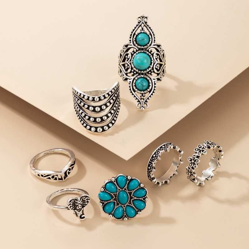 Nihaojewelry wholesale jewelry bohemian flower geometric alloy turquoise ring 7-piece set