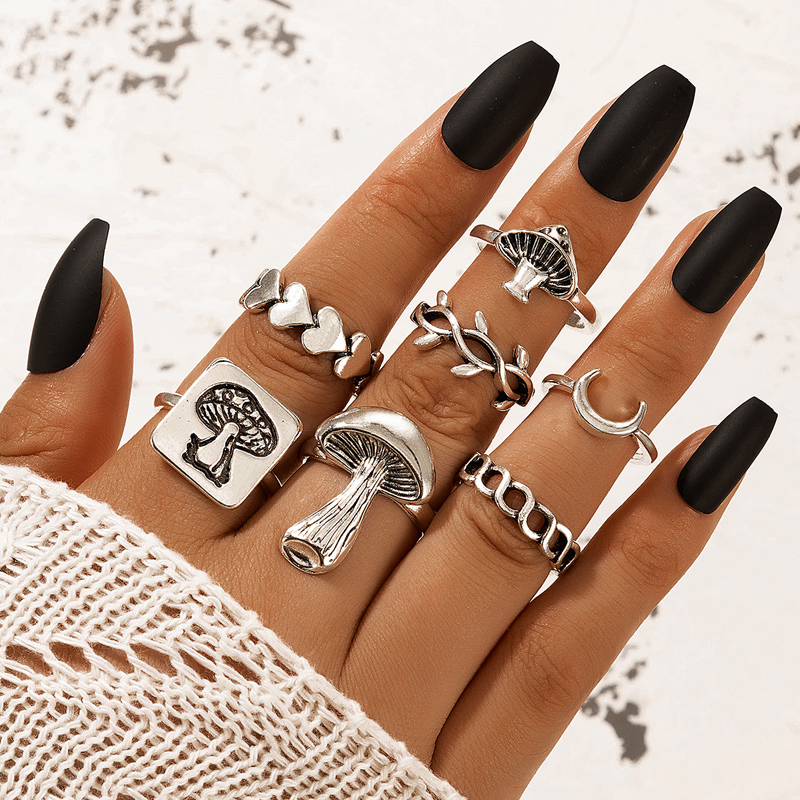 wholesale jewelry moon heart mushroom ring 7-piece set nihaojewelry