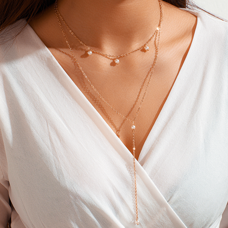 Nihaojewelry wholesale jewelry simple golden chain small pearl tassel multi-layer necklace