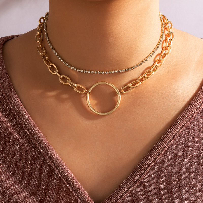 Nihaojewelry wholesale jewelry punk hollow big circle pendant rhinestone double layer necklacepicture3