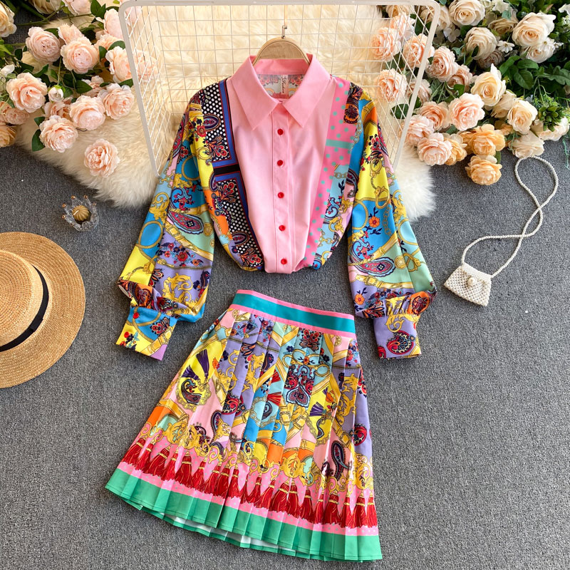wholesale ethnic style printed highwaist pleated skirt shirt suit nihaojewelrypicture1