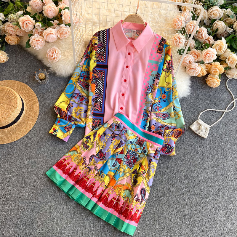wholesale ethnic style printed highwaist pleated skirt shirt suit nihaojewelrypicture3