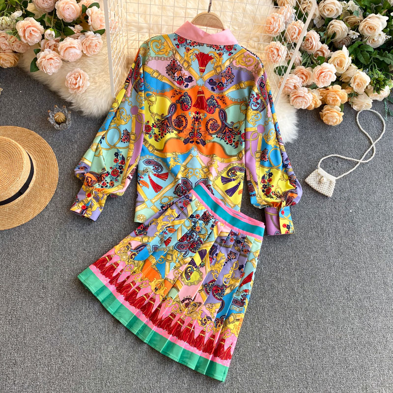 wholesale ethnic style printed highwaist pleated skirt shirt suit nihaojewelrypicture4