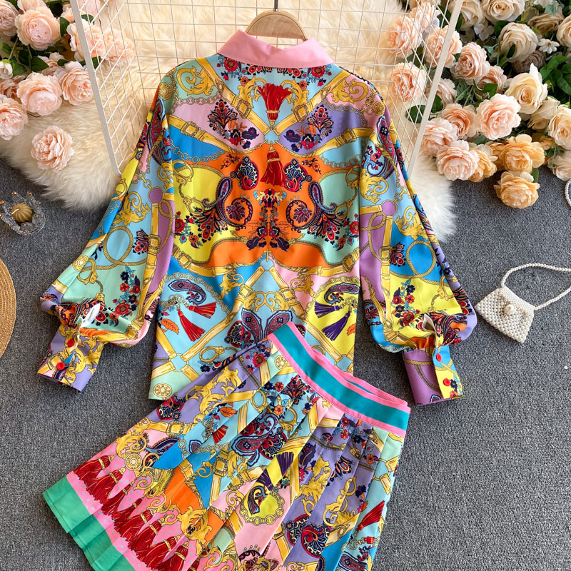 wholesale ethnic style printed highwaist pleated skirt shirt suit nihaojewelrypicture5