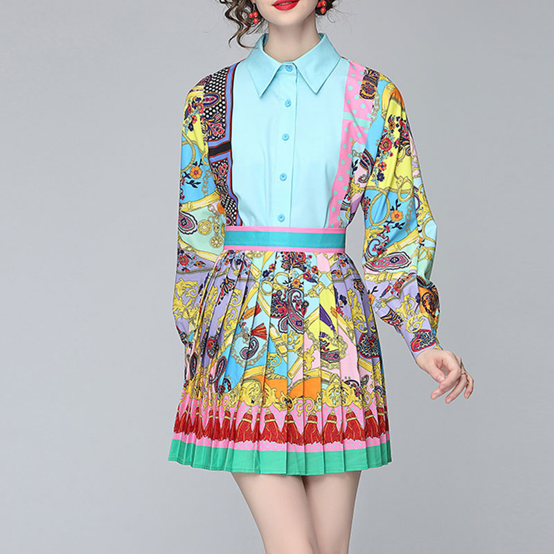 wholesale ethnic style printed highwaist pleated skirt shirt suit nihaojewelrypicture8