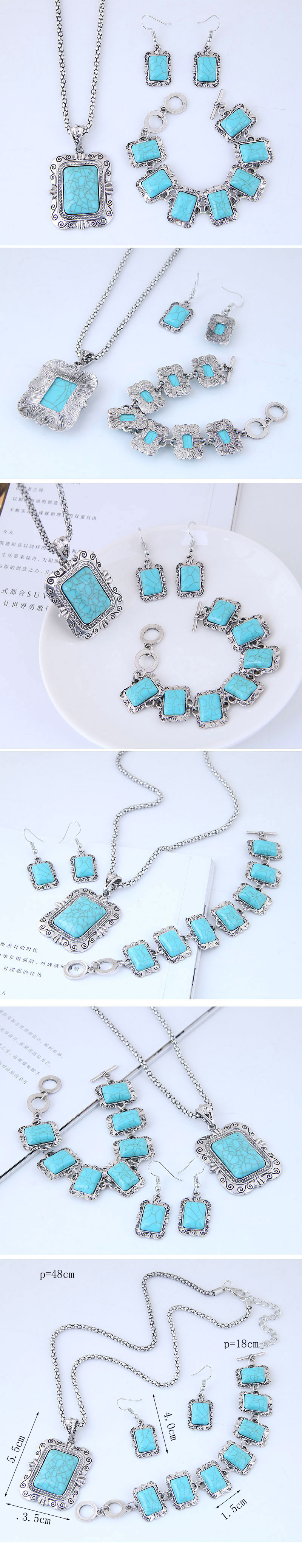 fashion metal inlaid turquoise pendent necklace earrings bracelet set wholesale Nihaojewelry