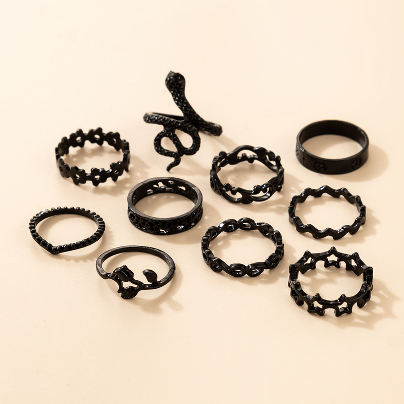 wholesale fashion black snake-shaped flower star ring set Nihaojewelry