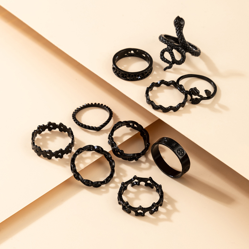 wholesale fashion black snake-shaped flower star ring set Nihaojewelry