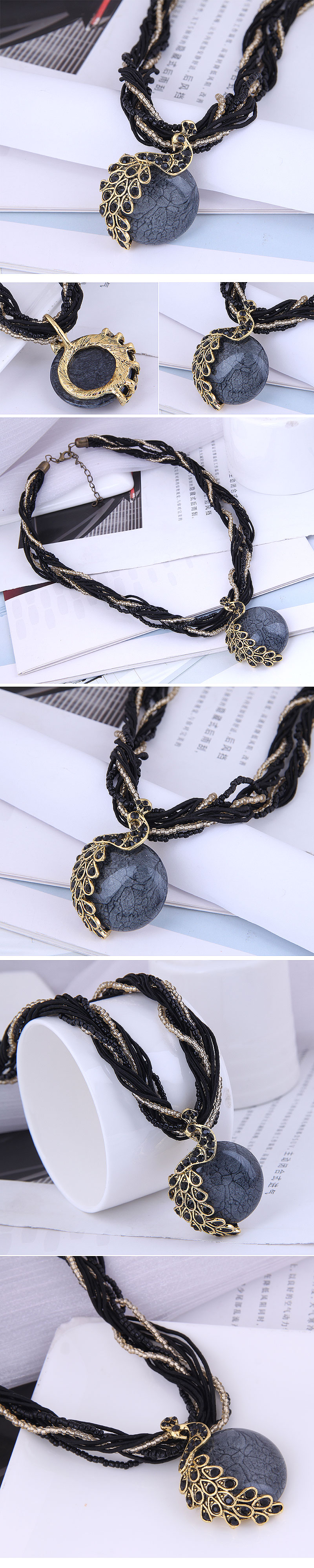 bohemian style peacock gem pendent multi-layer braided necklace wholesale Nihaojewelry