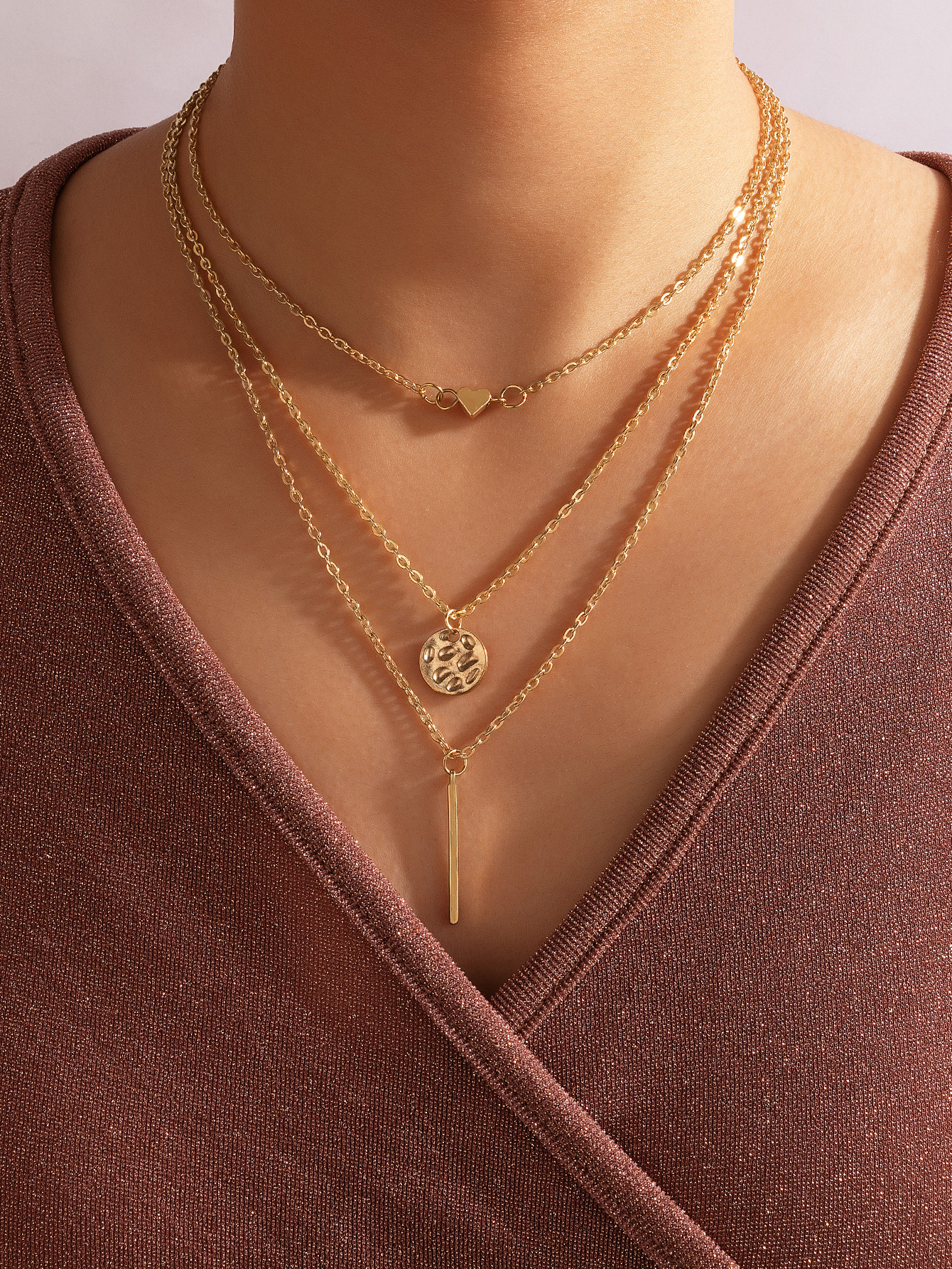 golden heart geometric pendant three-layer necklace wholesale nihaojewelry