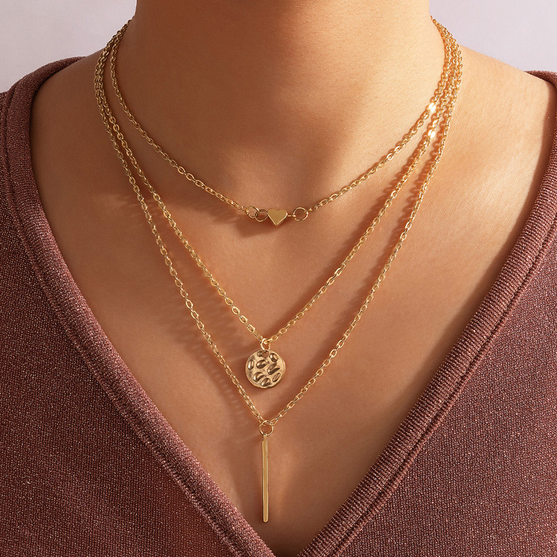 golden heart geometric pendant three-layer necklace wholesale nihaojewelry