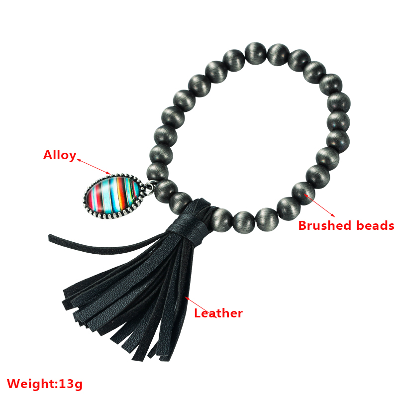 Elastic cord brushed beads leather alloy color bar braceletpicture1