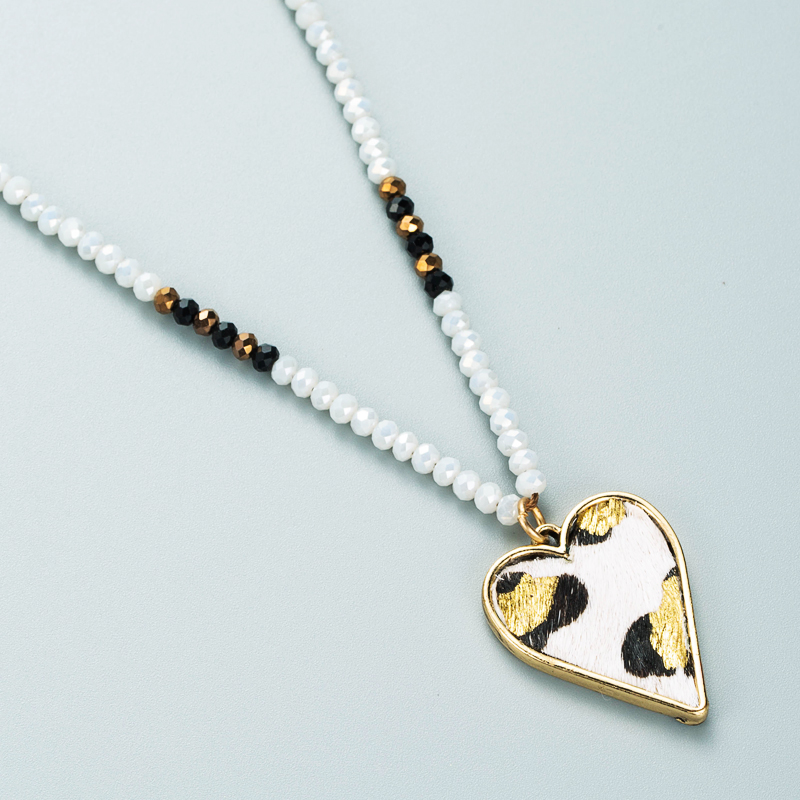 Love Pendant Leather Leopard Print Gold Bronzing Crystal Necklace