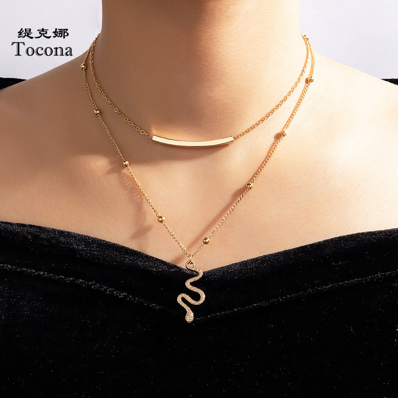 Europischer und amerikanischer grenzberschreitender neuer kreativer Schmuck goldene geometrische mehrschichtige Halskette schlangenfrmige doppelschichtige Halskettepicture9