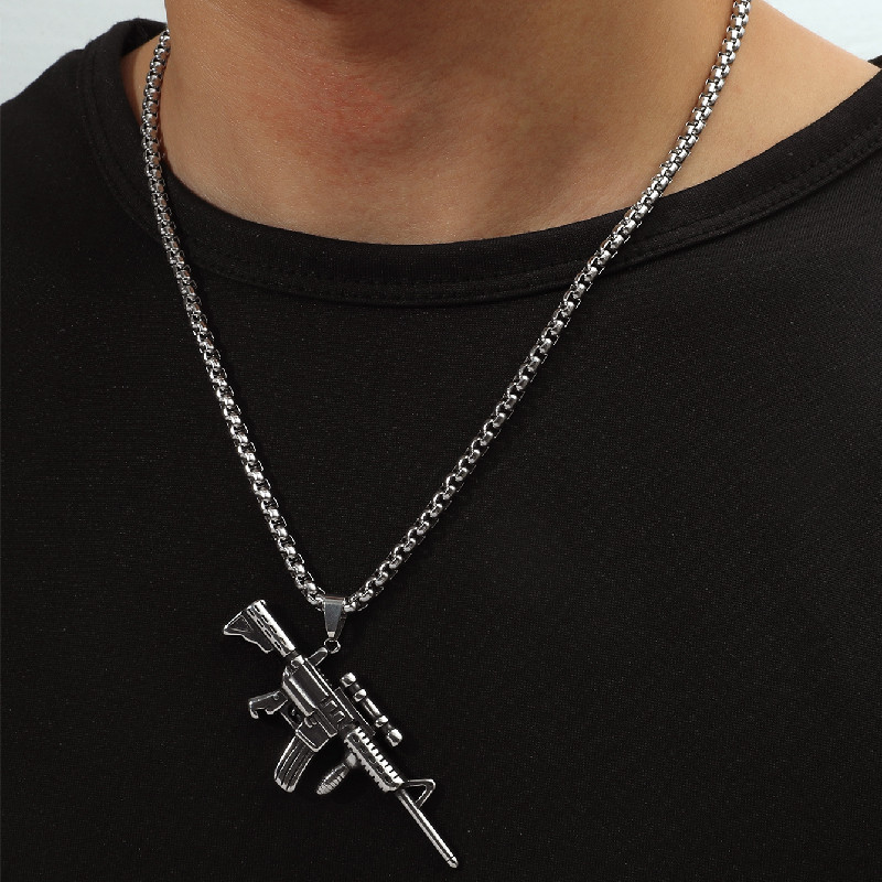 2021 European and American personality hip hop rock stainless steel gun pendant mens necklacepicture1