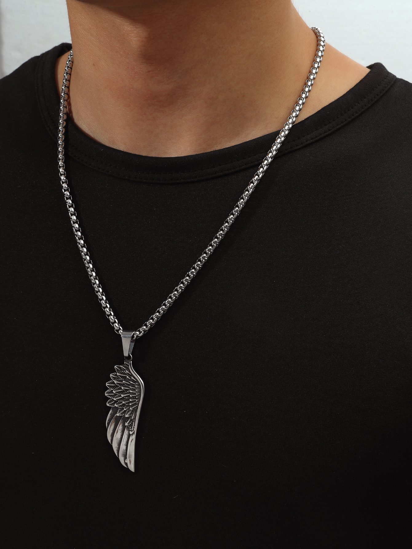 Trendy male domineering retro titanium steel feather wings pendant necklace jewelrypicture1