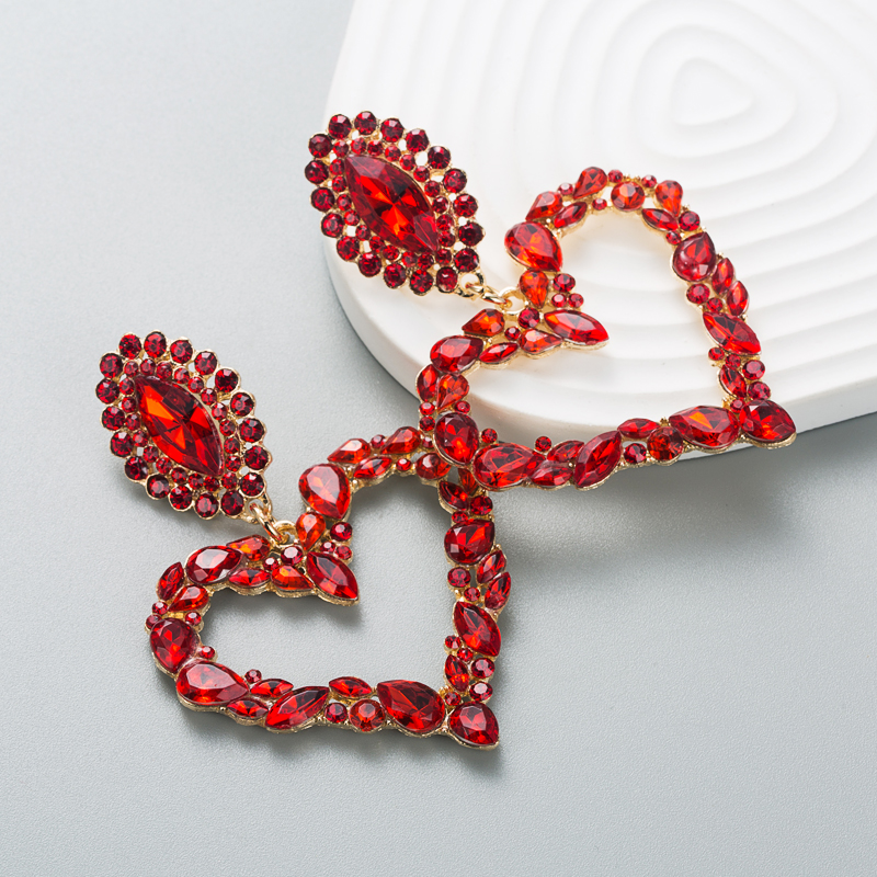 Red Heart Shaped Alloy Rhinestone Exaggerated Earrings Wholesalepicture8