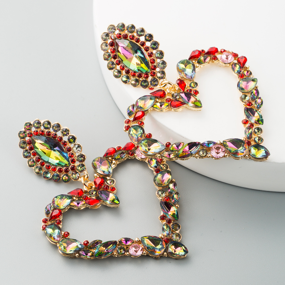 Red Heart Shaped Alloy Rhinestone Exaggerated Earrings Wholesalepicture7