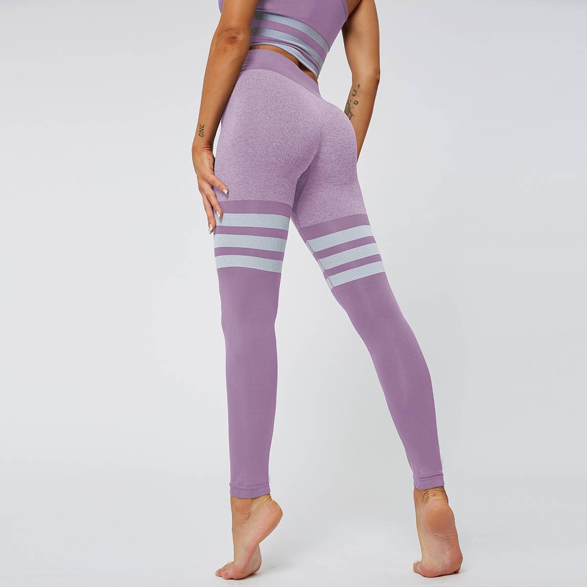 Sexy Peach Hip High Waist Yoga Pants Women39s Knitted Seamless Breathable Striped Yoga Fitness Leggingspicture22
