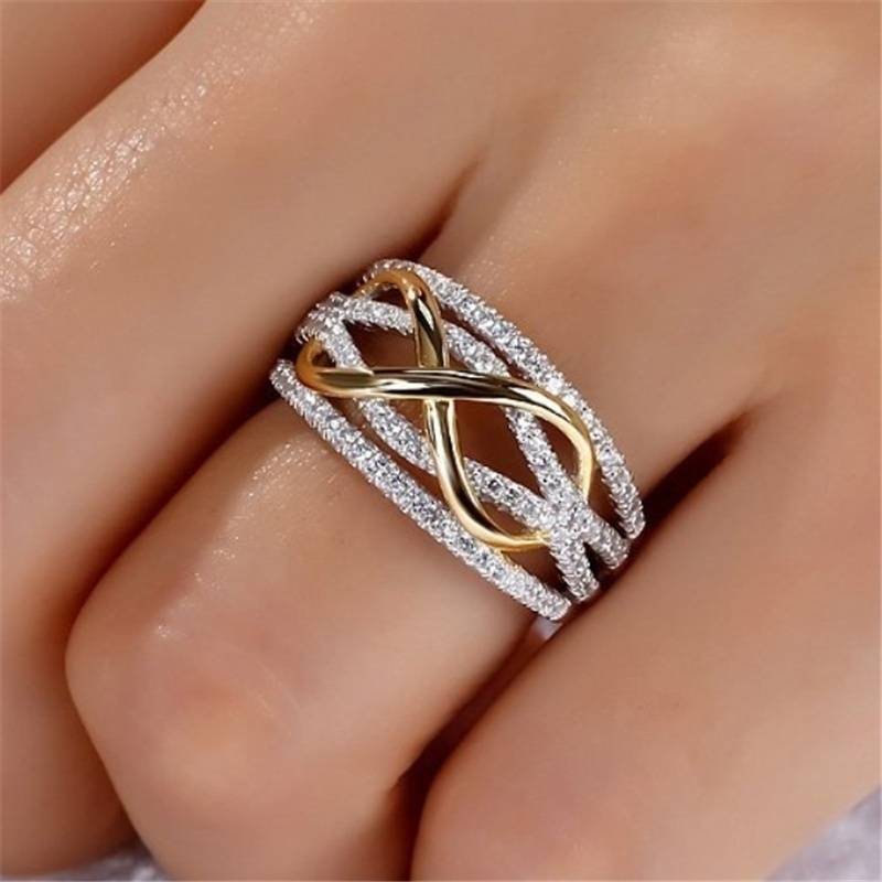 Fashion hollow geometric inlaid zircon multi layer ring wholesale