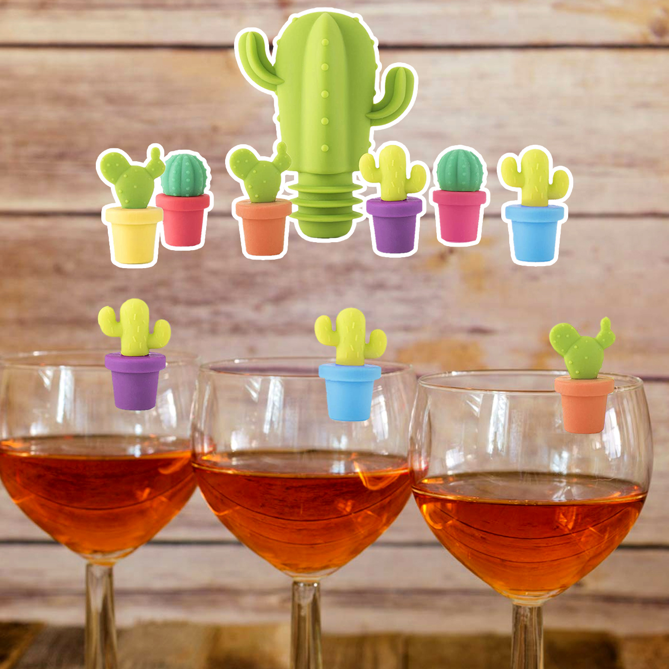 Bouchon de bouteille de vin en silicone de couleur mlange en forme de cactus 7 picespicture4