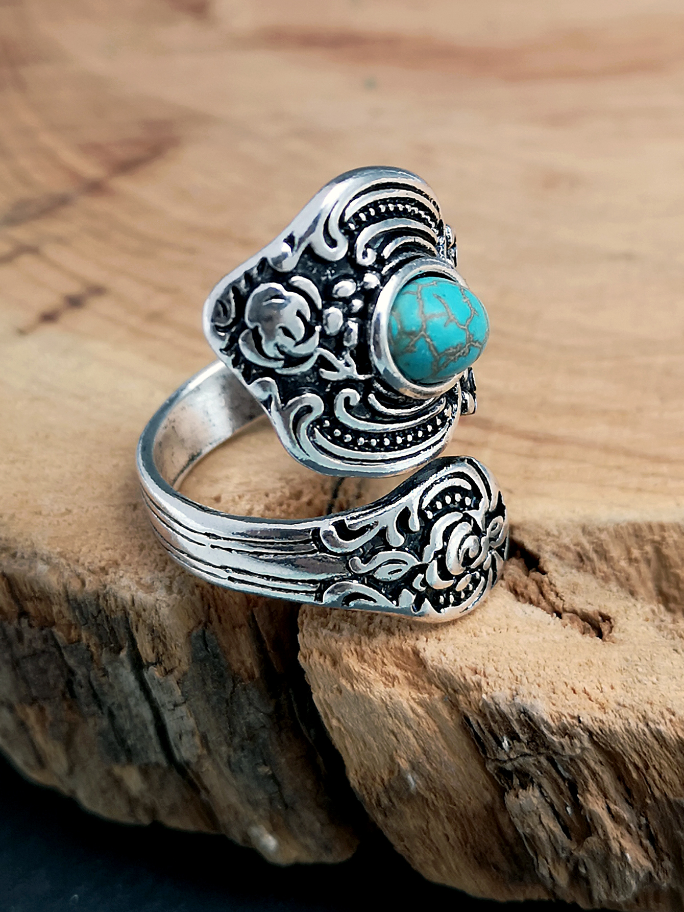 creative flower rose carved exaggerated retro turquoise ring wholesale