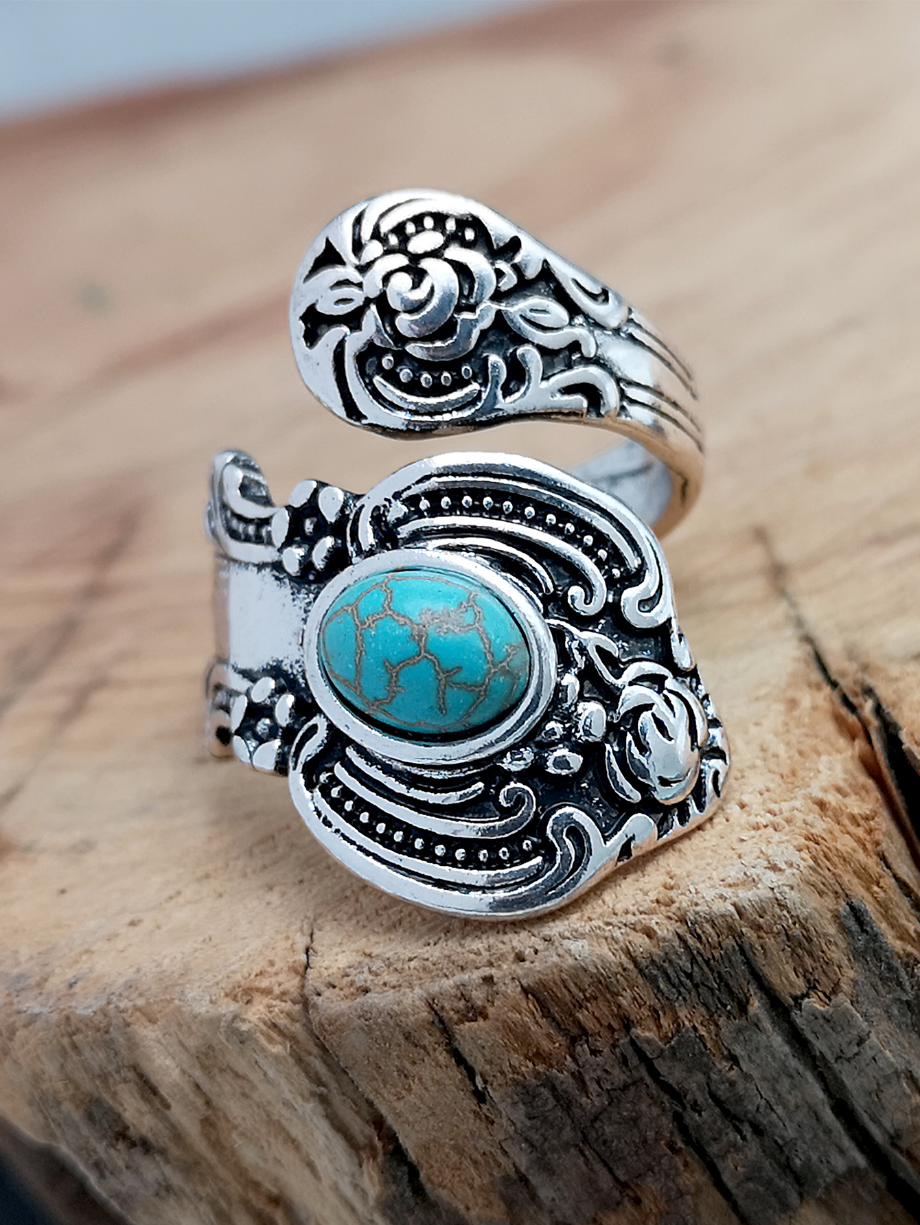 creative flower rose carved exaggerated retro turquoise ring wholesale