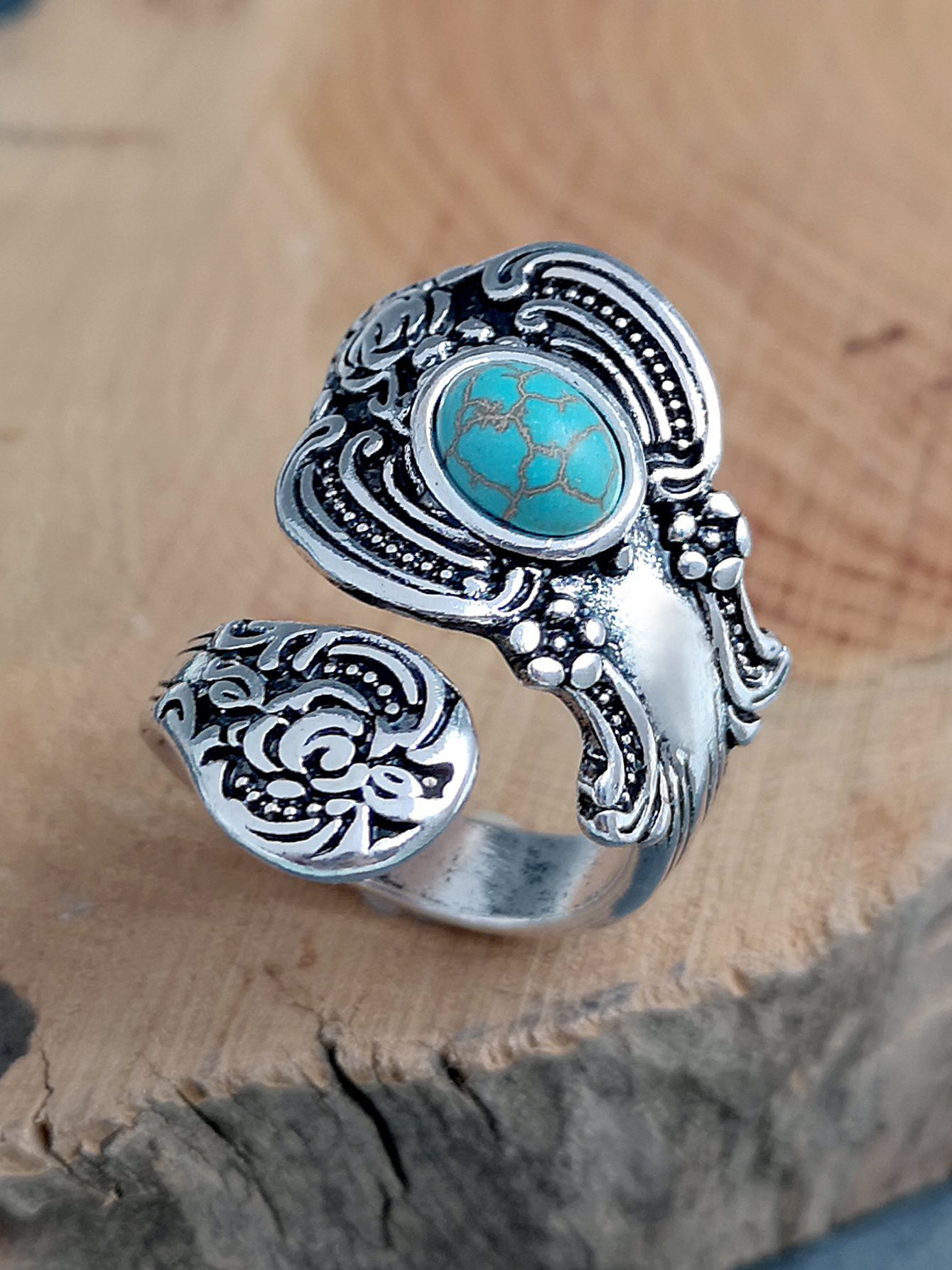 creative flower rose carved exaggerated retro turquoise ring wholesale