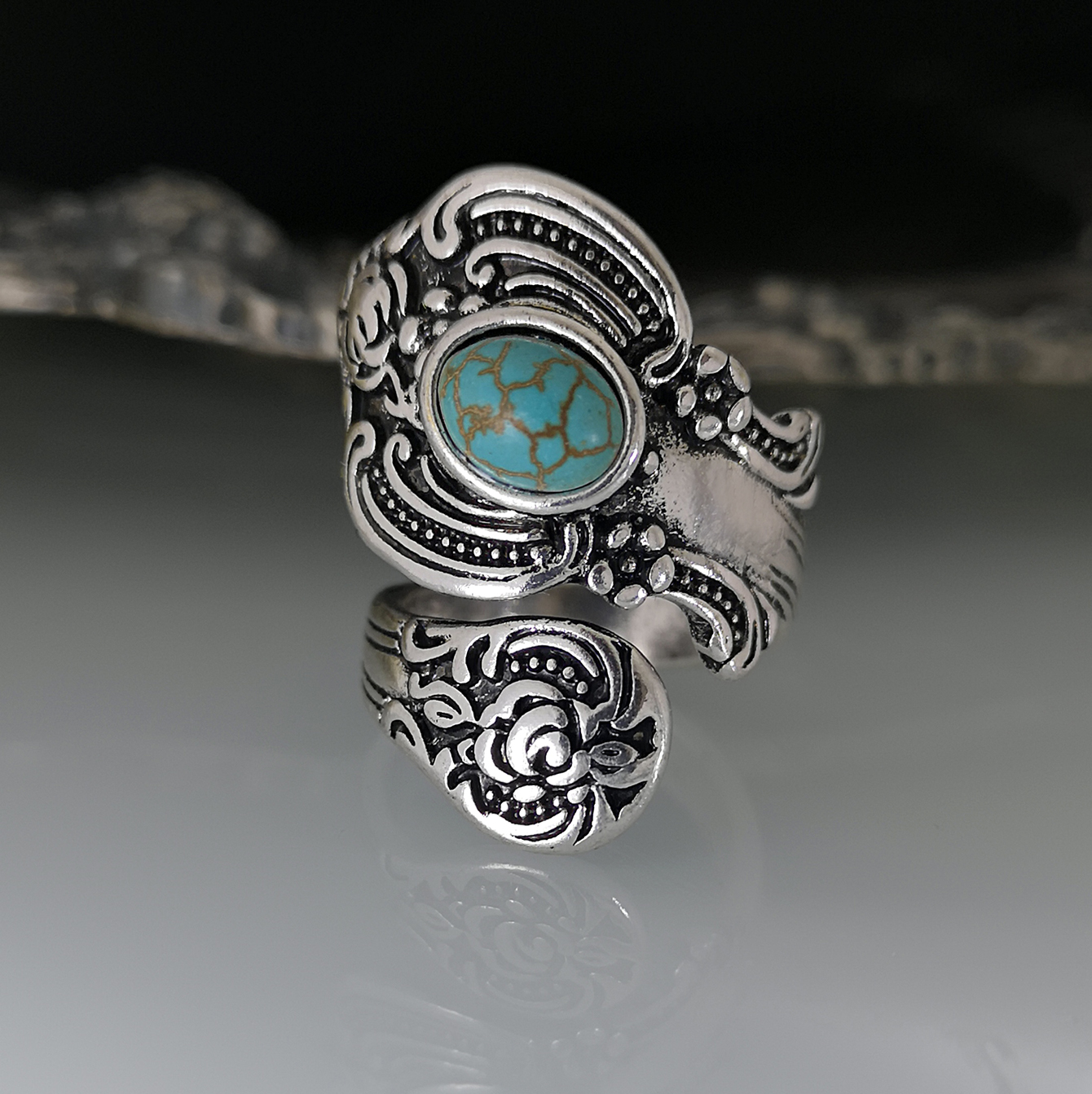 creative flower rose carved exaggerated retro turquoise ring wholesale