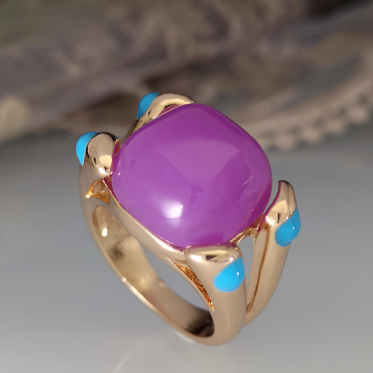 new pink tourmaline candy ring 18k gold-plated cabochon amethyst sapphire ring