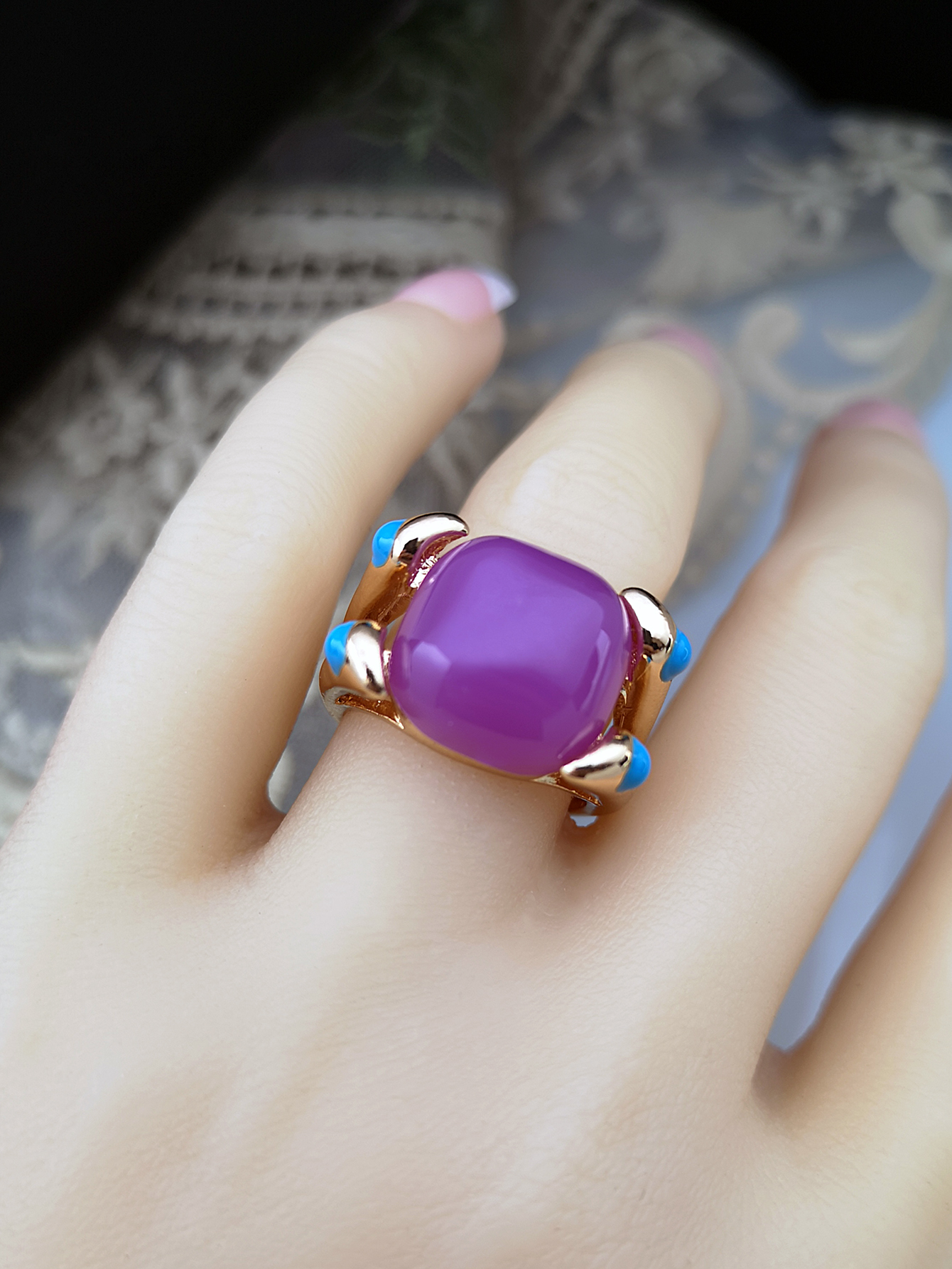 new pink tourmaline candy ring 18k gold-plated cabochon amethyst sapphire ring