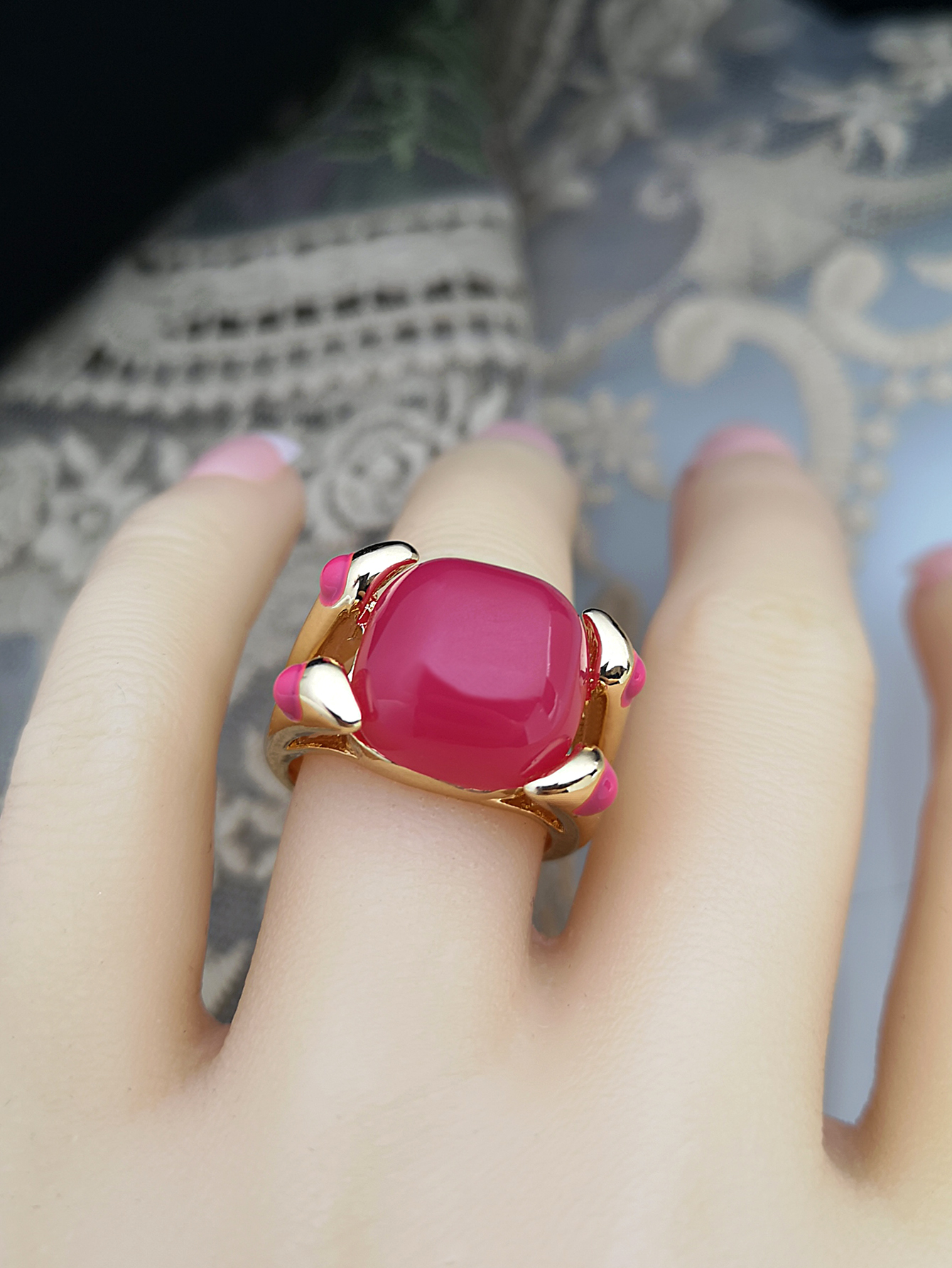 new pink tourmaline candy ring 18k gold-plated cabochon amethyst sapphire ring