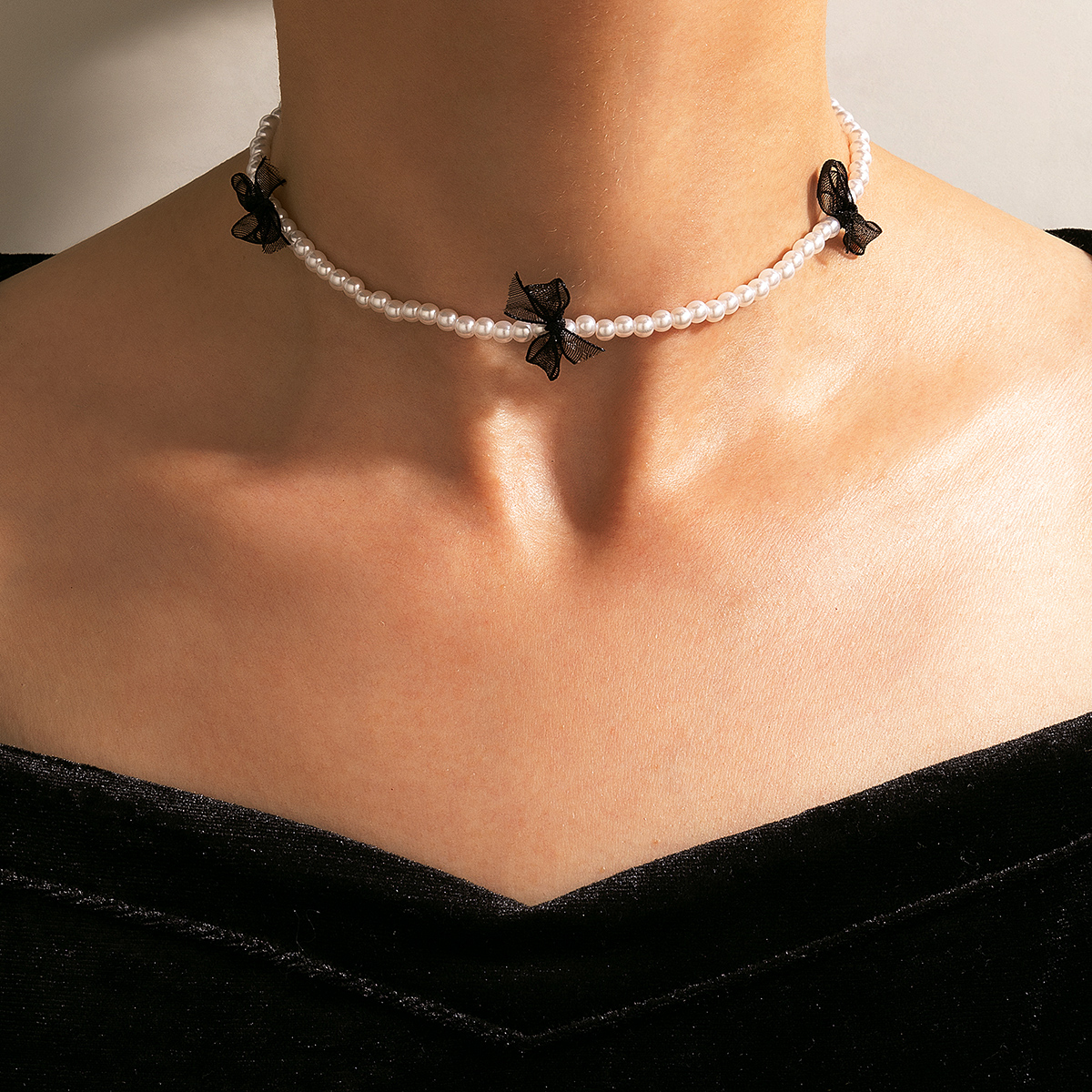 Mode Nachahmung Perle Schleife einlagige Halskette Boho Halskettepicture1