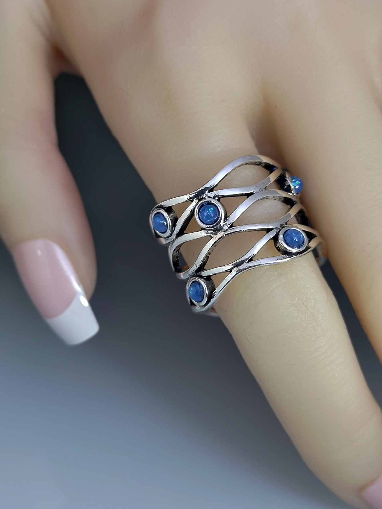 Retro plated 925 Thai silver exaggerated opal hollow interwoven buckle ring