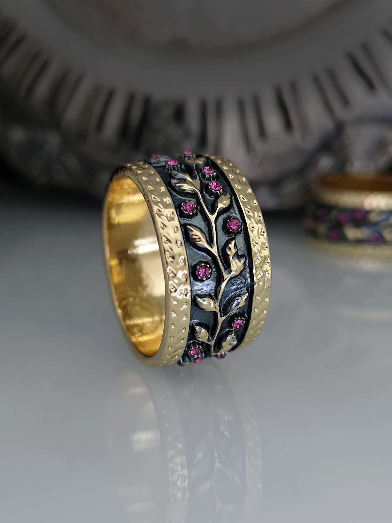 creative arabesque branches and leaves inlaid azalea stone alloy ring