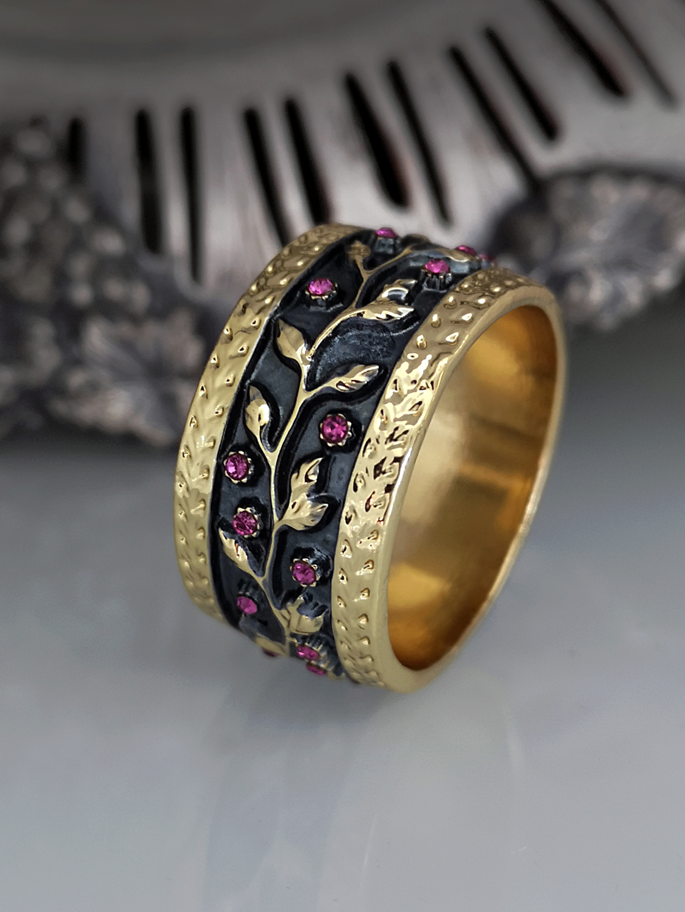 creative arabesque branches and leaves inlaid azalea stone alloy ring