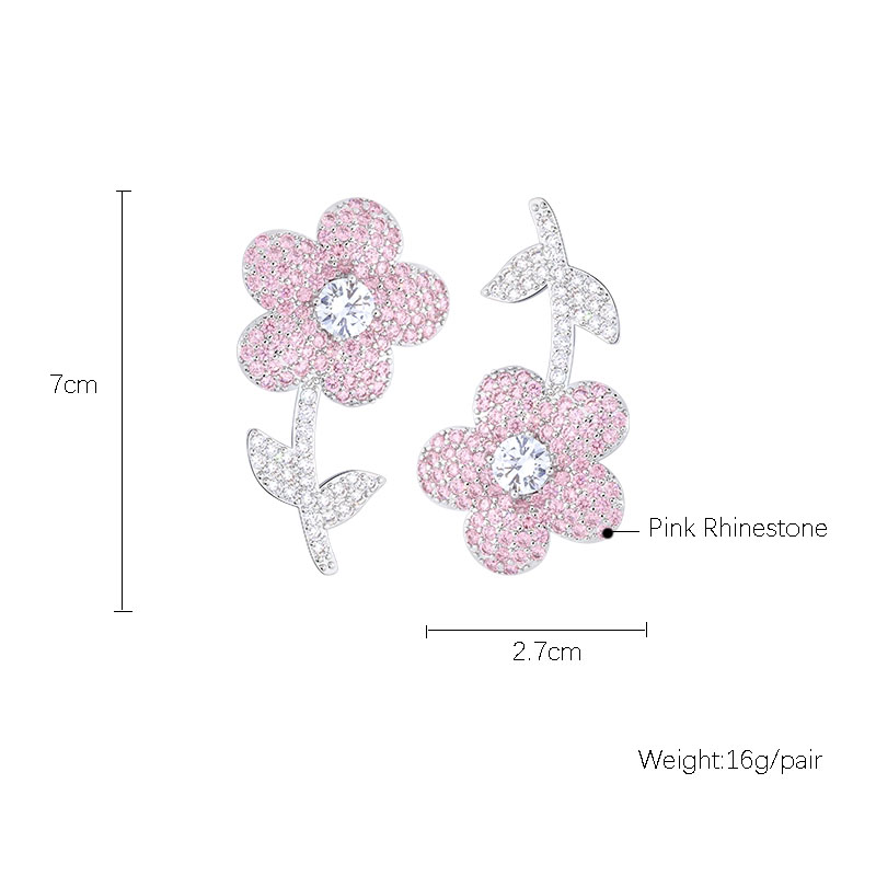 Pink Full Diamond Asymmetric Korean Style Cute Flower Drop Earringspicture1