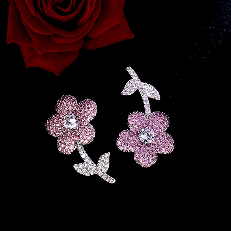 Pink Full Diamond Asymmetric Korean Style Cute Flower Drop Earringspicture3