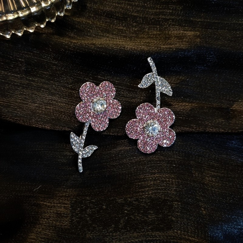 Pink Full Diamond Asymmetric Korean Style Cute Flower Drop Earringspicture4