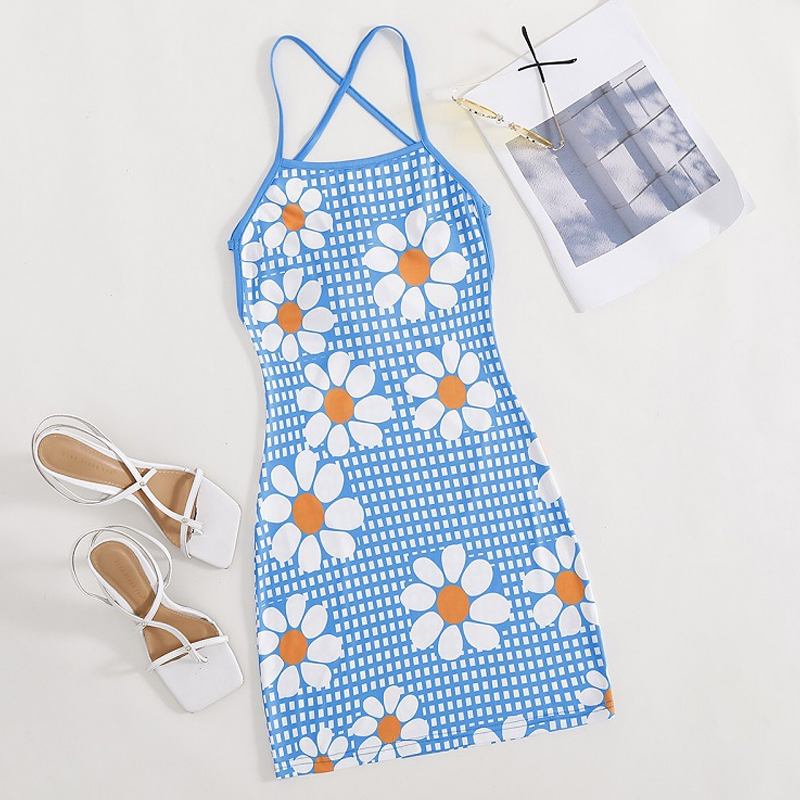 Spring Summer Fashion Blue Floral Print Dresspicture1